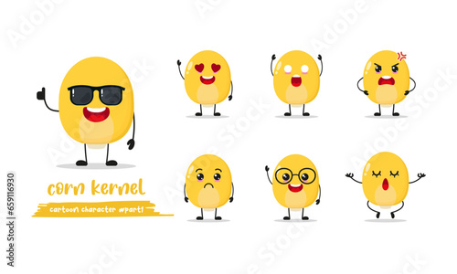 cute corn kernel cartoon with many expressions. vegetable different activity pose vector illustration flat design set with sunglasses.