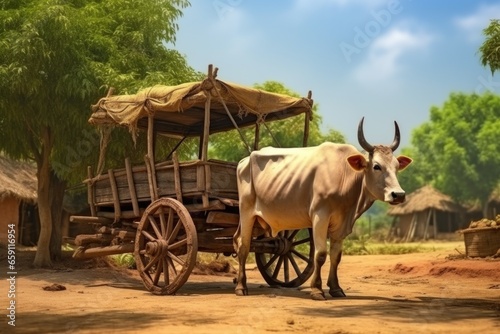 A white cow stands next to a wooden cart. This image can be used to depict rural life or farming scenes.