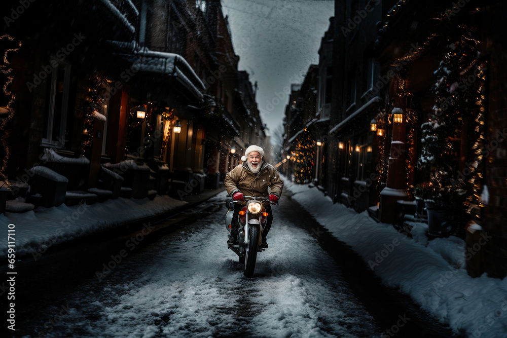 A cheerful old man wearing a Santa Claus hat rides a motorcycle along a city street at night, hurrying to wish you a Merry Christmas. AI generation