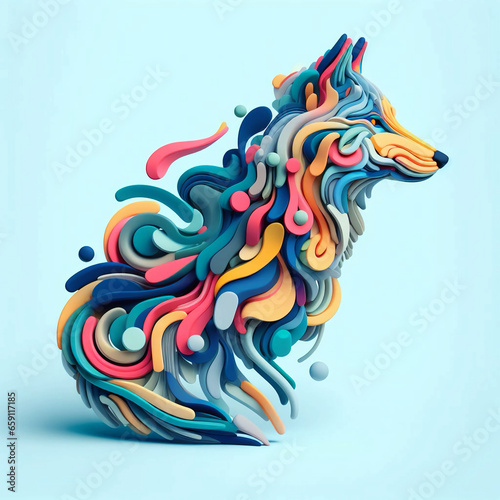 a wolf, minimalistic colorful organic forms, energy, assembled, layered, depth, alive vibrant, 3D, abstract, on a light blue background. Generative AI.