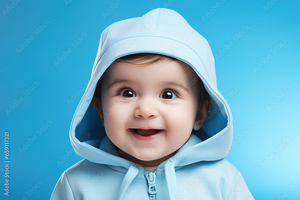 Portrait of a small smiling boy in a hood on a blue background