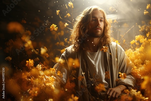 Jesus Christ with a concentrated look among the flowers. AI generation