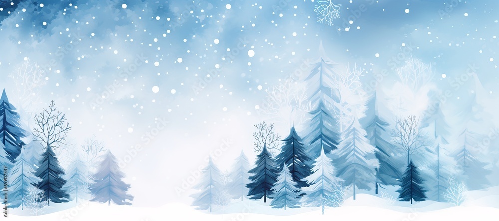 Winter abstract background with fir trees in the forest during snowfall
