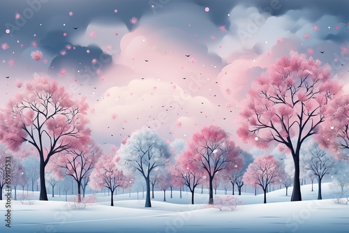 Abstract winter landscape with pink trees covered with frost