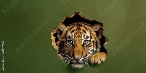 Cute Tiger peeking out of a hole in wall, torn hole, empty copy space frame, mockup. Generative AI image weber.