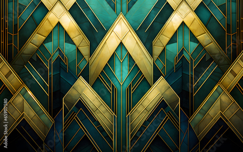 A gold and green design with a lot of angles and shapes. The design is very intricate and detailed