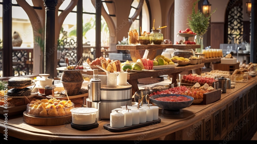 a buffet table with a variety of food on top of it. generative ai a buffet table with a variety of food on top of it. generative ai