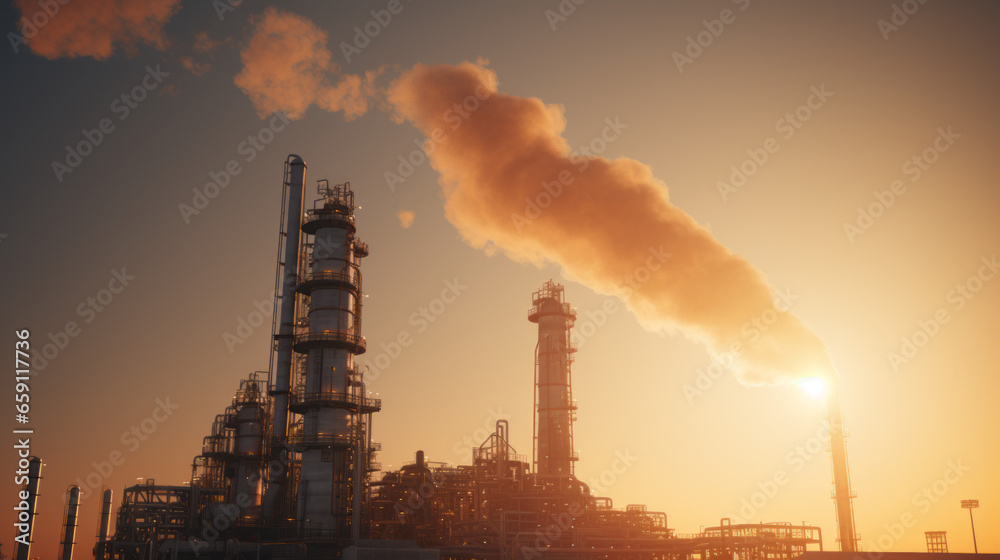 An oil refinery at twilight, with illuminated towers and pipelines