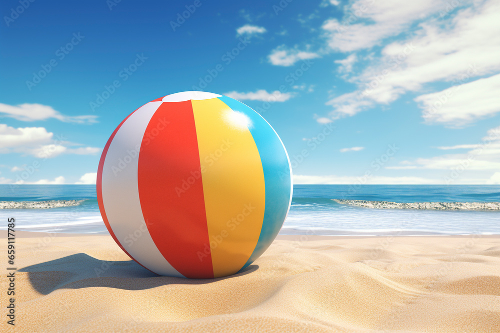 rainbow colorful beach ball on the sunny beach with blue skies background