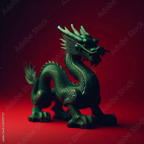  Wooden figurine  symbol of the year 2024. Green wooden dragon. Red background. Generative AI.