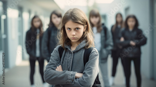 Middle-school girl standing with arms crossed, glaring at the camera with a menacing expression; with a group of classmates blurred in the background, depicting a situation of school bullying photo