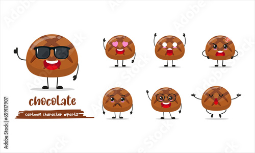 cute chocolate cartoon with many expressions. sweet different activity pose vector illustration flat design set with sunglasses.