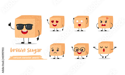 cute brown sugar cartoon with many expressions. food different activity pose vector illustration flat design set with sunglasses.