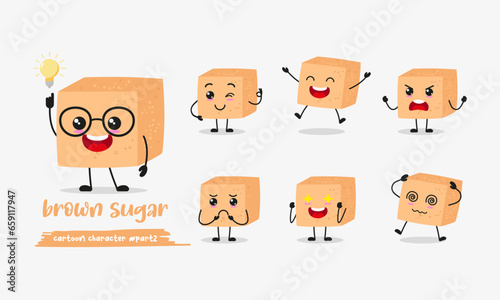 cute brown sugar cartoon with many expressions. food different activity pose vector illustration flat design set.