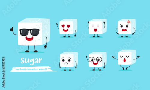 cute sugar cartoon with many expressions. food different activity pose vector illustration flat design set with sunglasses.
