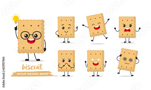 cute biscuit cartoon with many expressions. food different activity pose vector illustration flat design set.