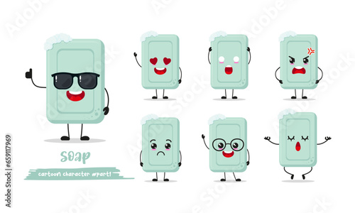 cute soap cartoon with many expressions. bath different activity pose vector illustration flat design set with sunglasses.