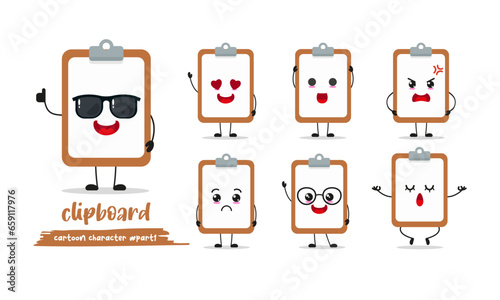 cute clipboard cartoon with many expressions. notepad different activity pose vector illustration flat design set with sunglasses.