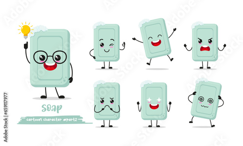 cute soap cartoon with many expressions. bath different activity pose vector illustration flat design set.