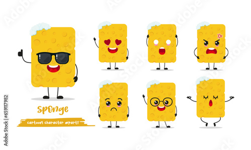 cute sponge cartoon with many expressions. wash different activity pose vector illustration flat design set with sunglasses.