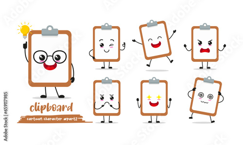 cute clipboard cartoon with many expressions. notepad different activity pose vector illustration flat design set.