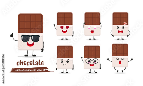 cute chocolate bar cartoon with many expressions. sweet different activity pose vector illustration flat design set with sunglasses.