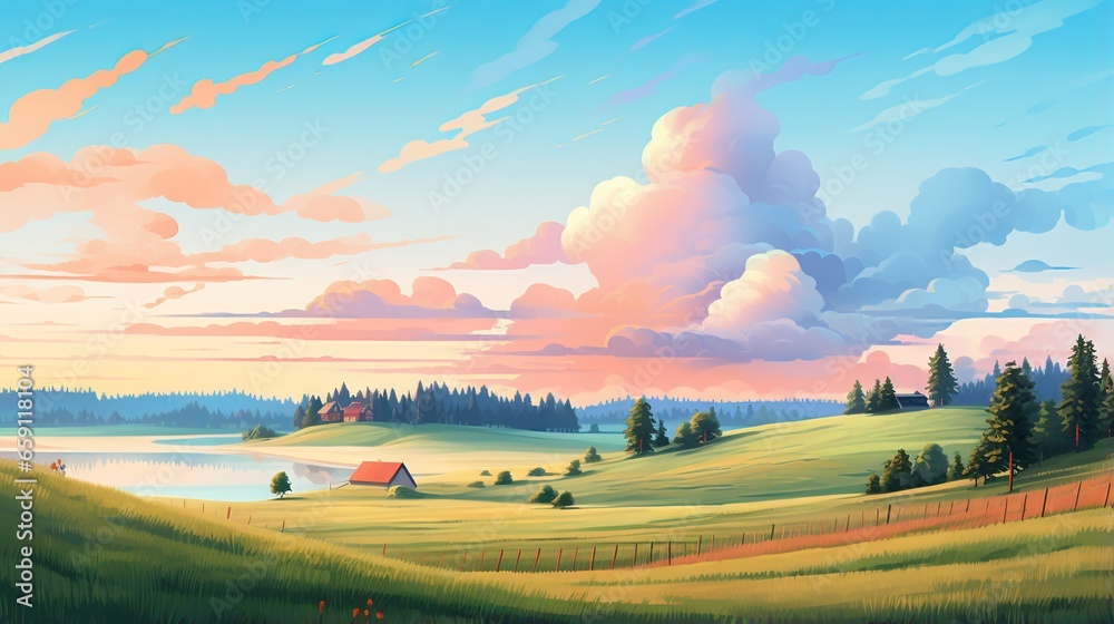 Fototapeta premium a painting of a landscape with a lake and a house. generative ai