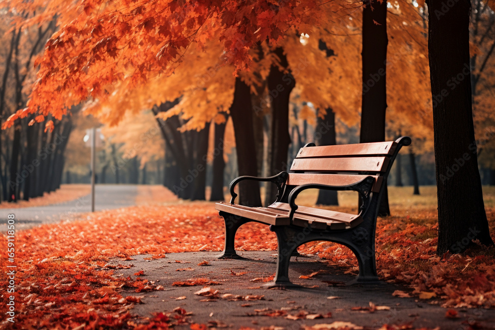 bench in autumn park, leaves on the ground, warm orange and red tones