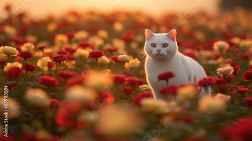 White Cat Amidst Rose Blooms © Artem