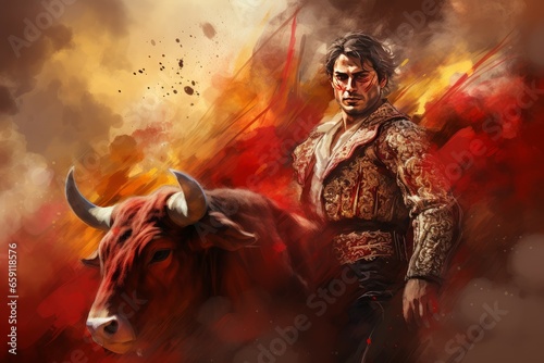 Brave Bullfighter man fight bull. Brave horn. Generate Ai photo