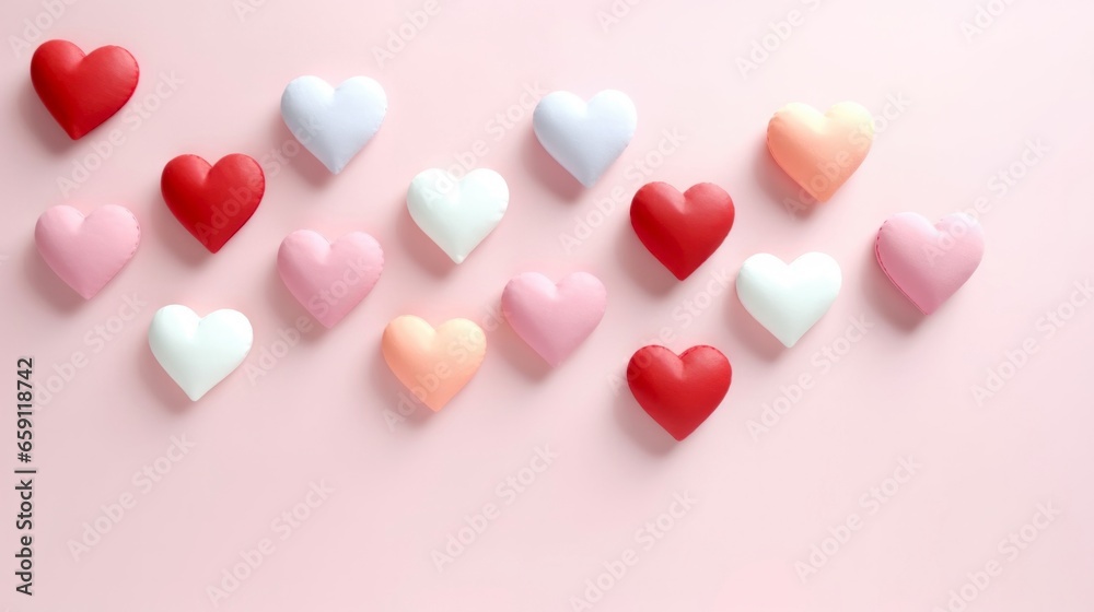 Valentine's Day concept 3d pastel colored hearts, top view abstract love greeting background