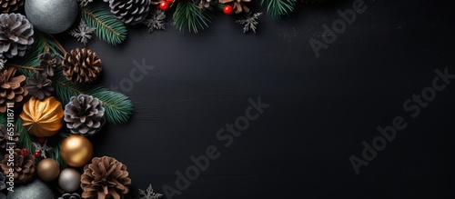 Christmas themed circular border crafted from wintry elements on a black background Flat perspective Festive idea