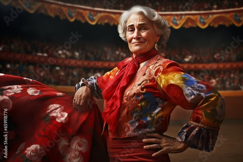 Brave Bullfighter old woman bull. Matador fight. Generate Ai