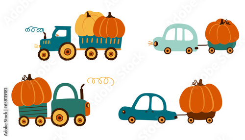 Cute tractor is carrying a big pumpkin