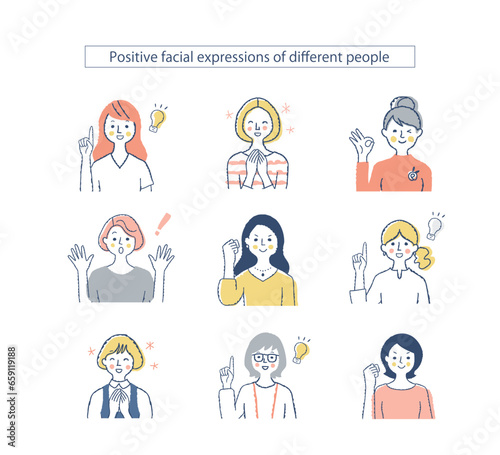 さまざまな女性の表情 ポジティブ