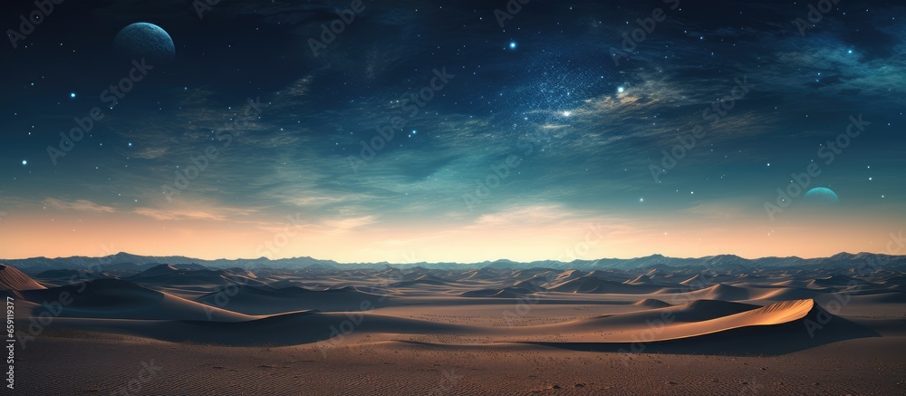 Desert dunes and stars in the night sky photo illustration - obrazy, fototapety, plakaty 