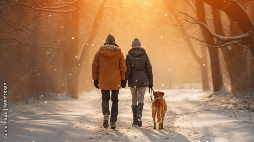 couple with a dog walks in a snowy park holding hands. Generated by AI - obrazy, fototapety, plakaty 