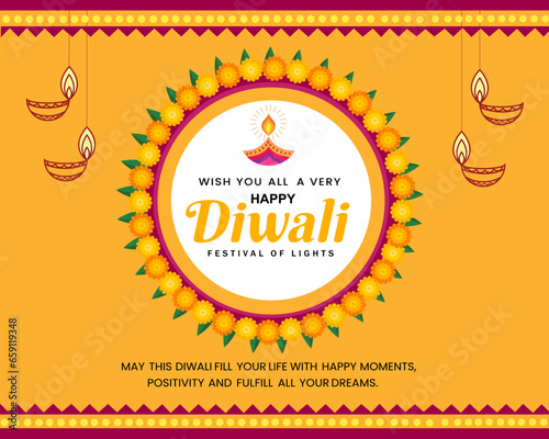 Happy Diwali festival of lights wishes card template design with decorative floral mandala with marigold and mango leaves.