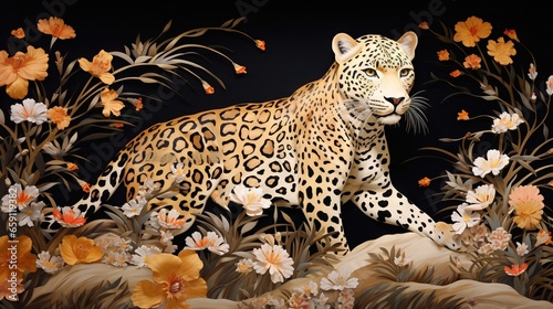  a painting of a leopard in a field of flowers and grass. generative ai