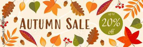 Autumn Sale up to 20% off - Schriftzug in englischer Sprache - Herbstschlussverkauf bis zu 20% Rabatt. Herbstliches Verkaufsbanner mit bunten Blättern, Eicheln und Beeren.
