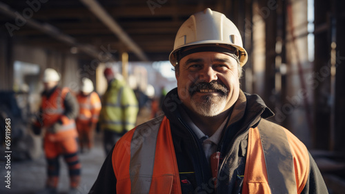 portrait of fat smiling construction worker in helmet looking at camera photo