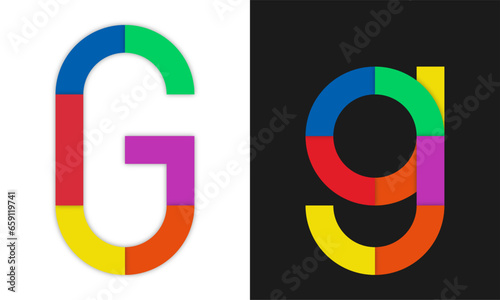 uppercase and lowercase letters of G with colorful pattern shapes design. vector illustration of font letter G