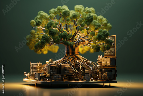 Tree growing a circuit board and integrated as organic processor, indicating the concept of the fusion of nature and technology and future clean, renewable, and green energy in sustainable technology photo