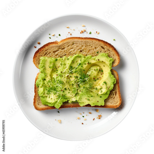 Avocado toast on a white plate on Transparent Background.