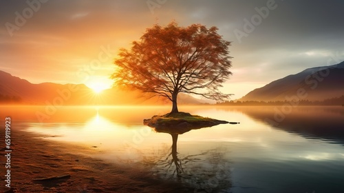  a lone tree in the middle of a lake at sunset. generative ai