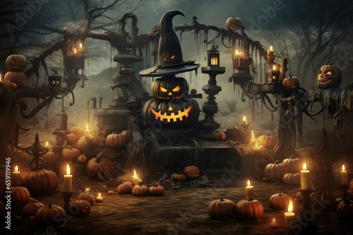 Pumpkins with different evil faces in darkness at Halloween night