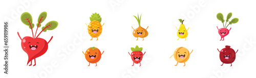 Funny Fruits and Vegetables with Happy Smiling Face Vector Set © topvectors