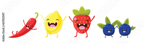Funny Fruits and Vegetables with Happy Smiling Face Vector Set