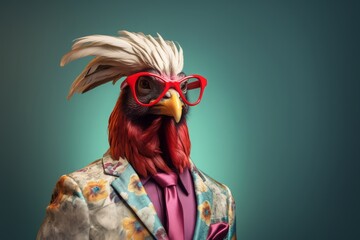 A studio portrait of a funky rooster wearing a colorful suit jacket , aviator sunglasses on a seamless blue background, copy space for text.