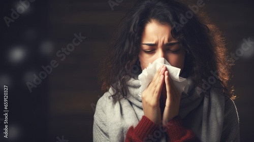 Unhealthy woman wrapped blanket blowing feeling flu sneeze runny nose allergy flu cough cold sneezing at home.